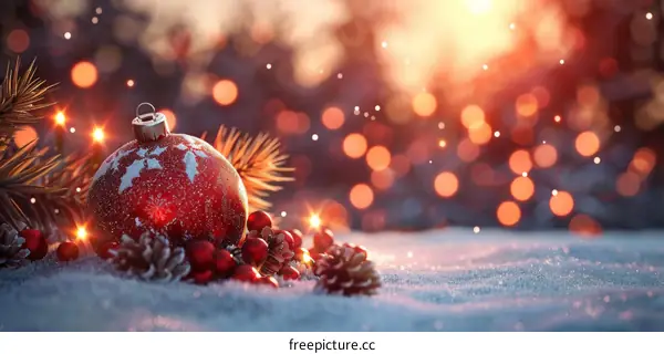 Sparkling Red Christmas Ornament with Pine Cones and Berries on Snow