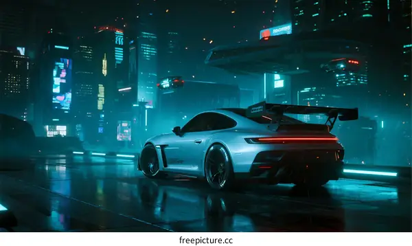 Modern sports car parked on neon-lit futuristic city street