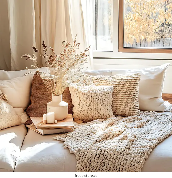 Cozy Beige Living Room Decor with Knitted Throw