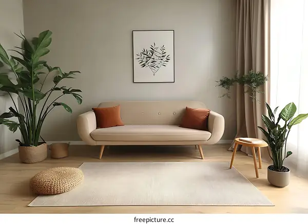 Cozy Living Room Interior Design with Plants and Beige Sofa