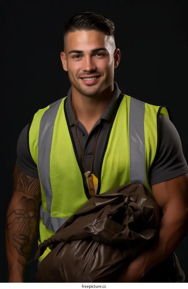 Young delivery man with tattoos holding a package