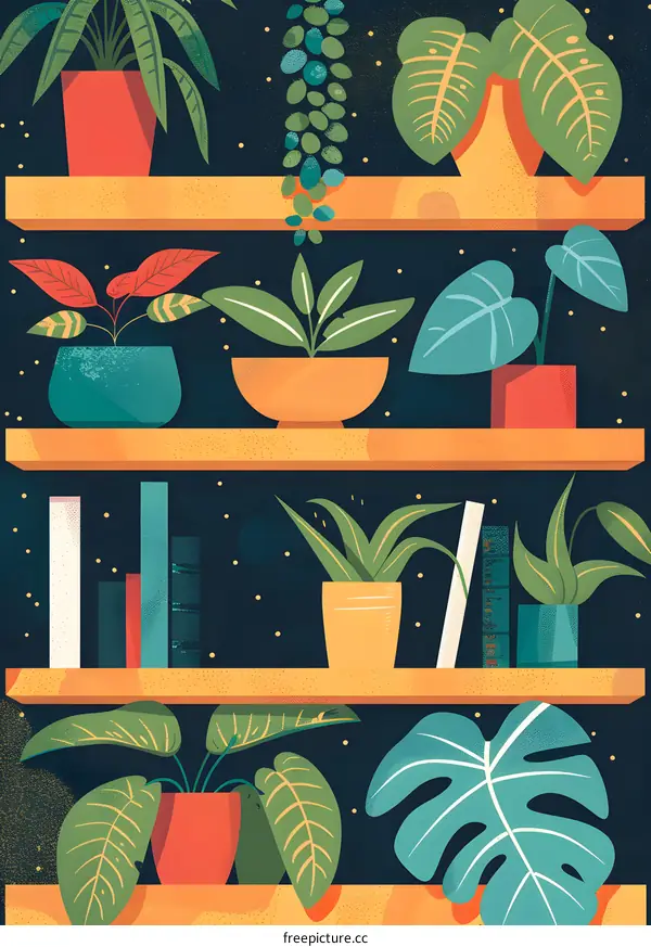 Plant Shelf Illustration with Books and Plants