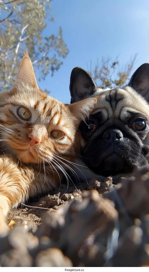 pug and cat lying on the ground looking at the camera
