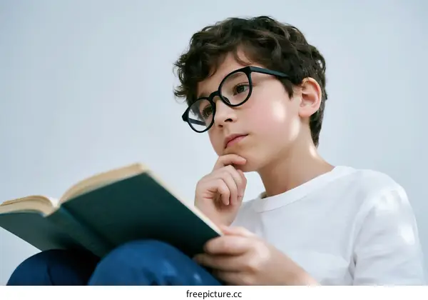 A Young Boy Reading a Book with Thoughtful Expression