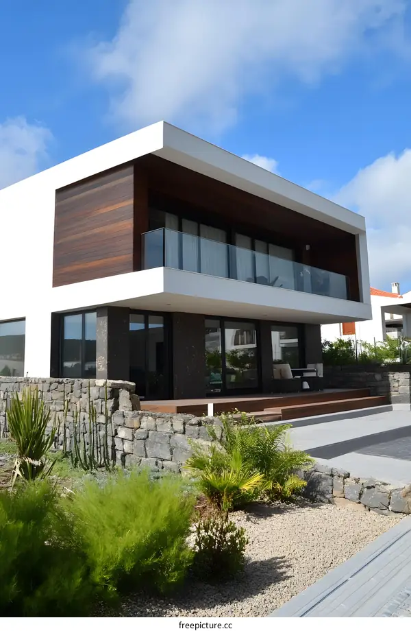Modern House with Wooden Facade and Glass Balcony