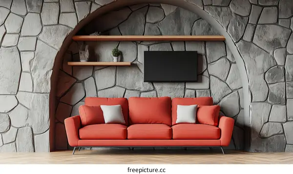 Modern Living Room with Stone Wall and Orange Sofa