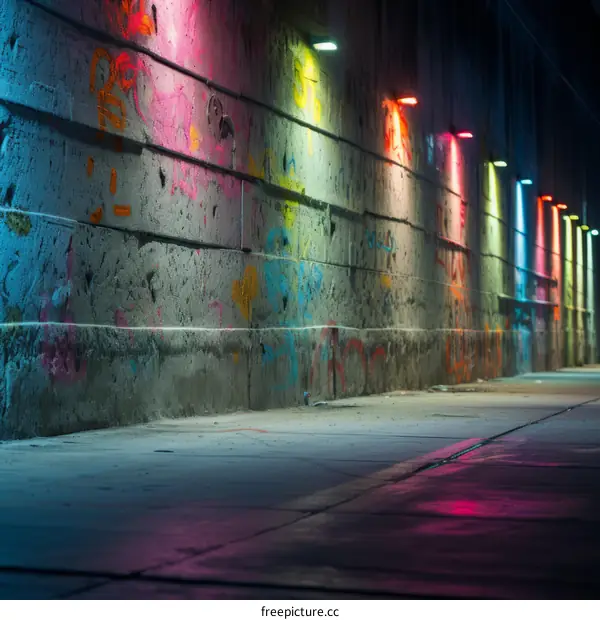 A dark and colorful graffitied alleyway with a concrete wall and colorful lights shining on it