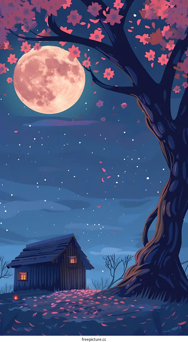 Night Sky with Full Moon, Blossoming Tree, and Cabin