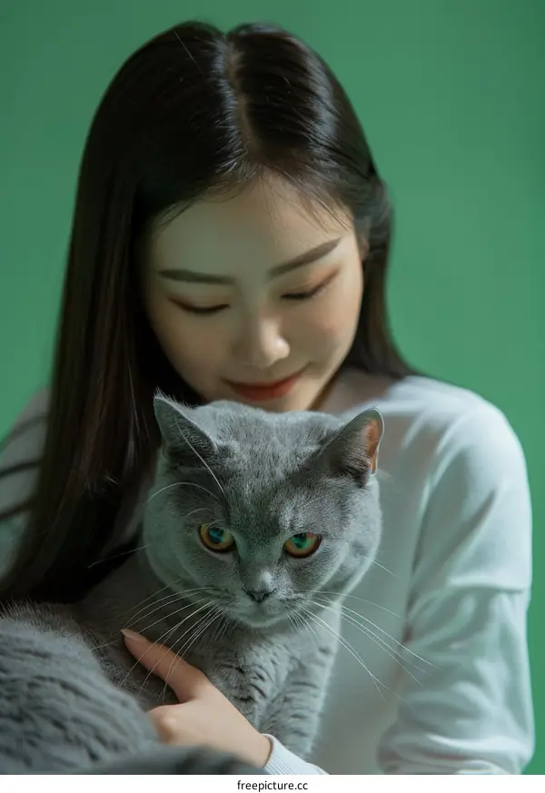 A young woman is holding a British shorthair cat