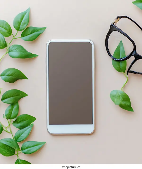 Flat Lay Phone, Glasses, and Green Leaves