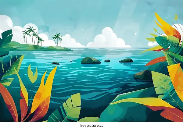 Tropical Beach Landscape with Palm Trees and Green Foliage