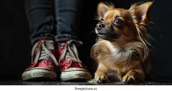 A cute chihuahua dog looking up at the owner