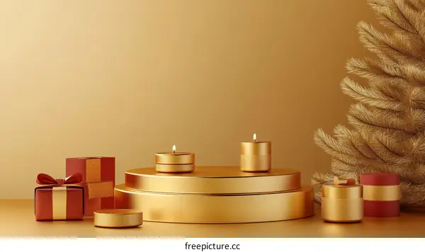 Golden Christmas Gift Display with Candles