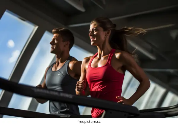 Couple running on treadmills in a gym