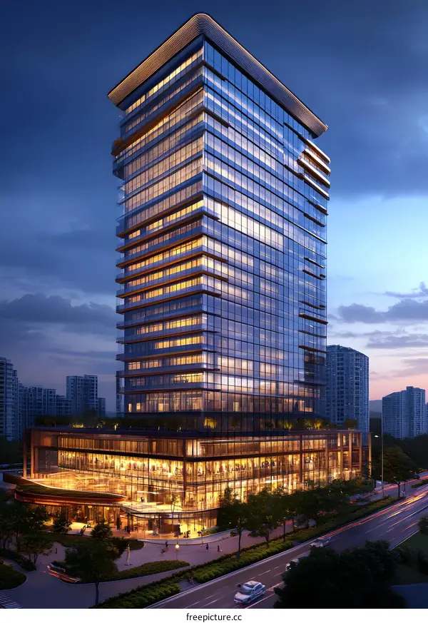 Modern Office Building With Glass Facade At Dusk
