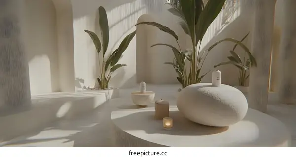 Minimalist White Interior Design with Stone Table and Plants