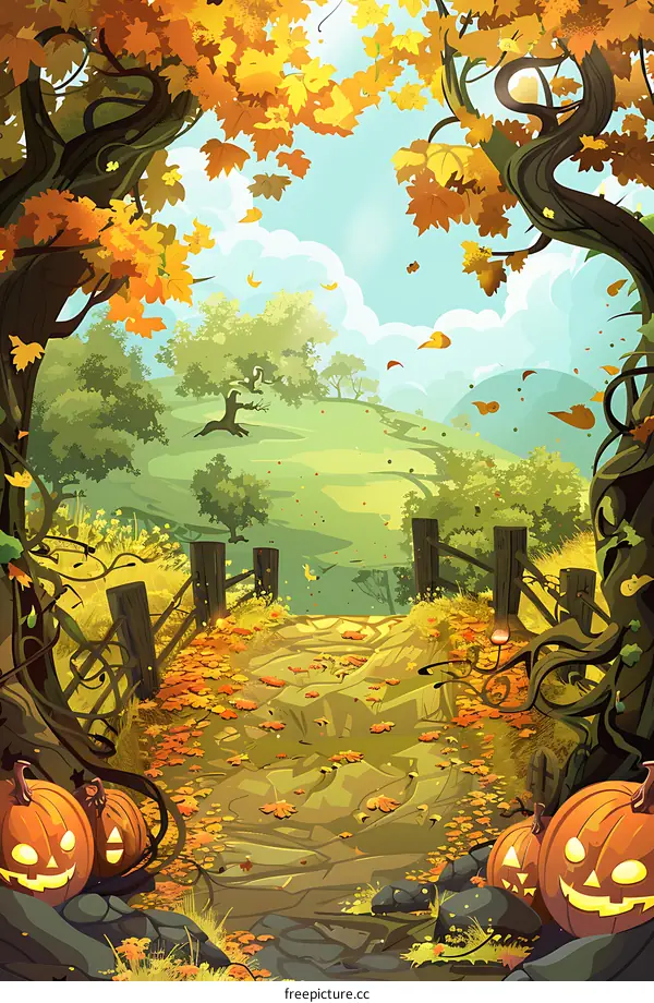 Autumn Forest Path With Pumpkins