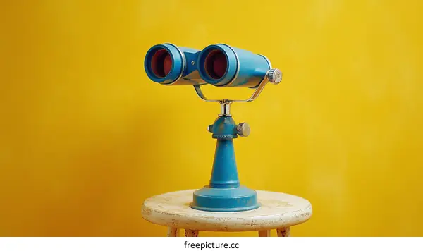 Vintage Blue Binoculars on a Wooden Stool