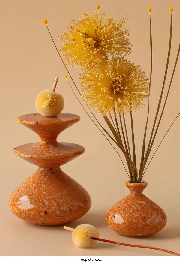 Dried Flowers in Orange Vases on Beige Background
