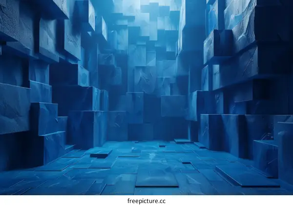 Blue 3D rendering of a room with walls made of blocks
