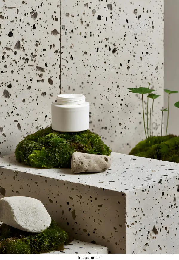 White Jar with Lid on a Mossy Stone in a Minimalist Setting