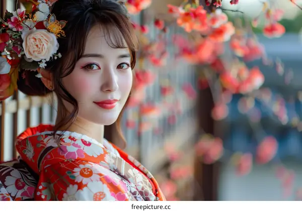 Portrait of a beautiful Japanese woman in traditional kimono