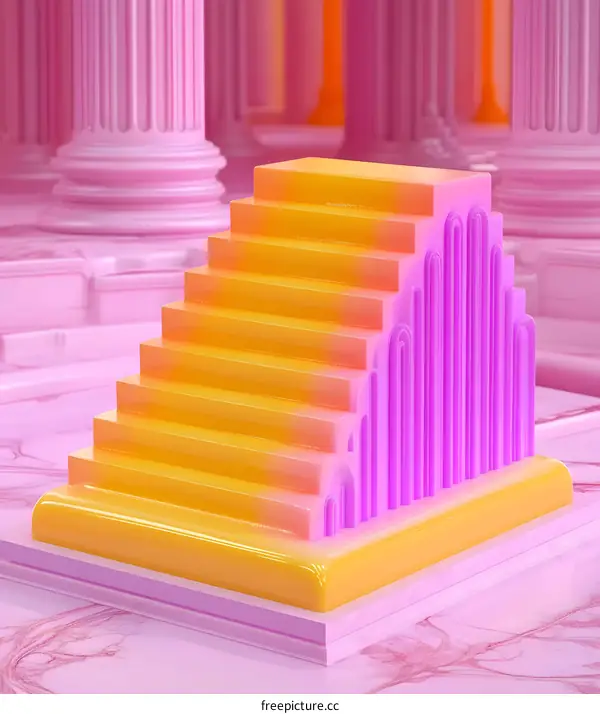 Abstract 3D Rendered Yellow and Pink Stairs in a  Room With Pillars