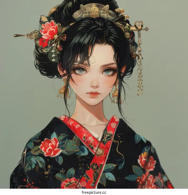 An illustration of a beautiful woman in a kimono with a traditional Japanese hairstyle