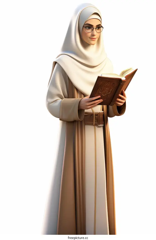 A young Muslim woman wearing a hijab is reading a book