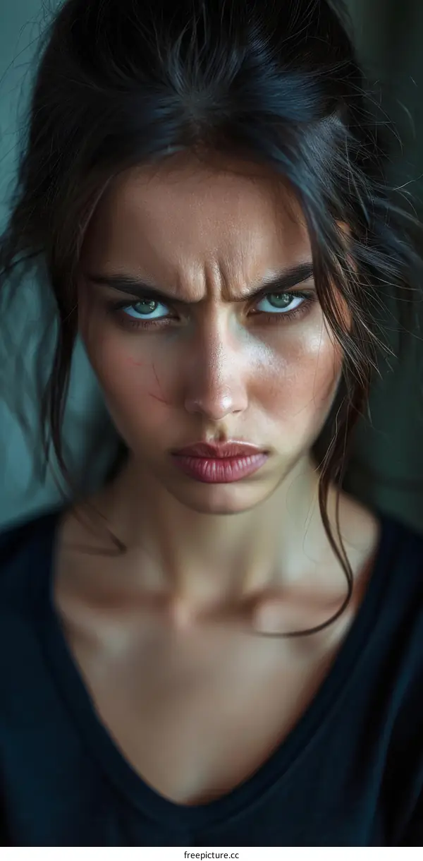 Portrait of a Young Woman with Angry Expression