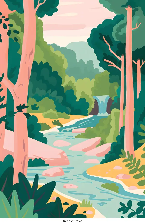 Waterfall in the Forest Illustration