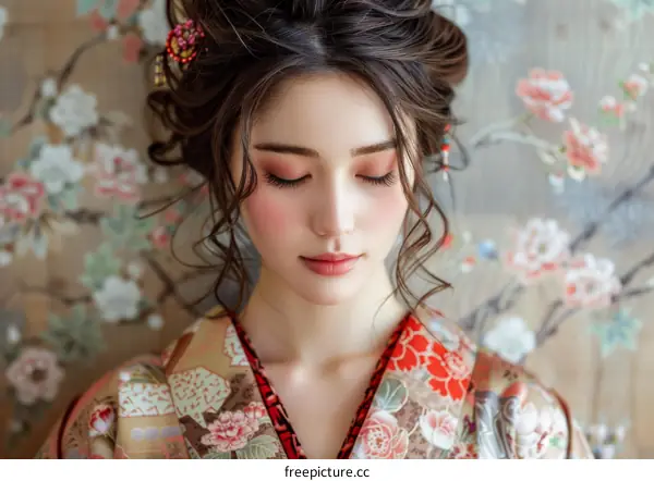 Portrait of a beautiful Asian woman in traditional Japanese kimono with floral background