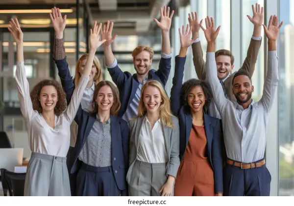 Group of diverse business professionals raising their hands in a meeting