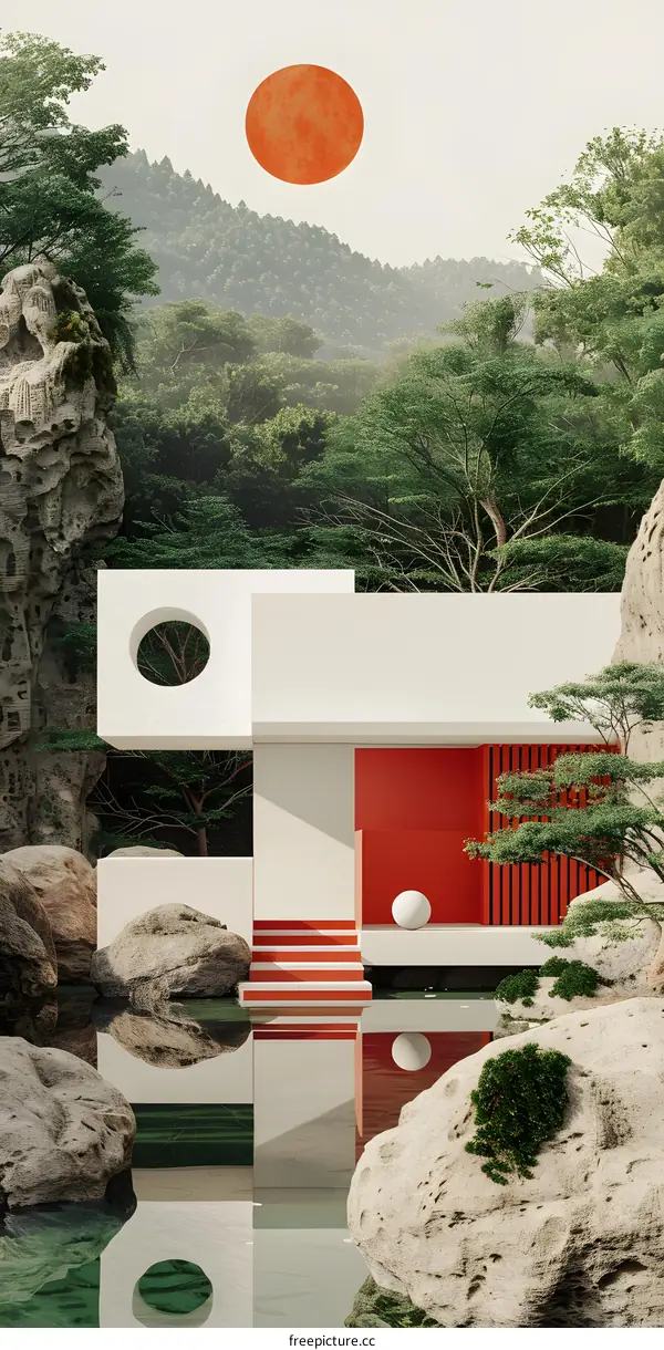 Modern Minimalist Architecture with Red and White Color Palette