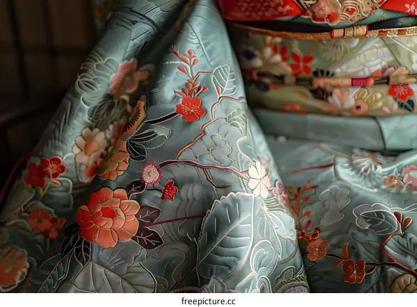 A close-up of a kimono with a floral pattern
