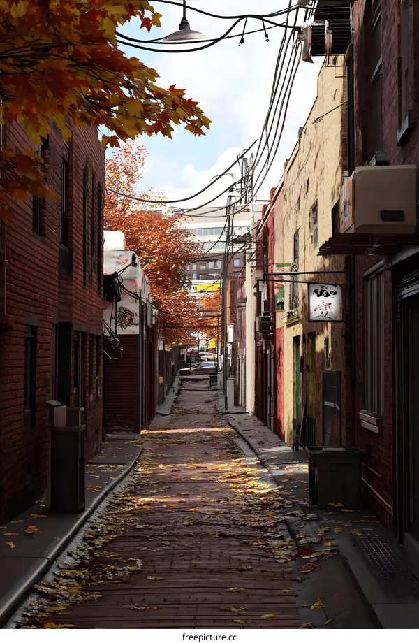 Narrow Brick Alleyway With Fall Leaves