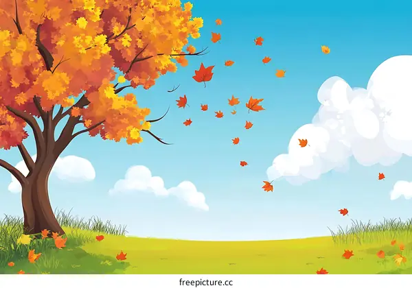 Autumn Landscape with Tree and Falling Leaves