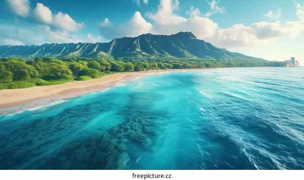 Aerial view of Hawaii beach with blue water and green mountains