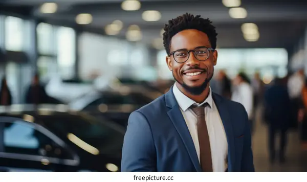 Portrait of a smiling African American businessman in a suit and tie standing in a car dealership.