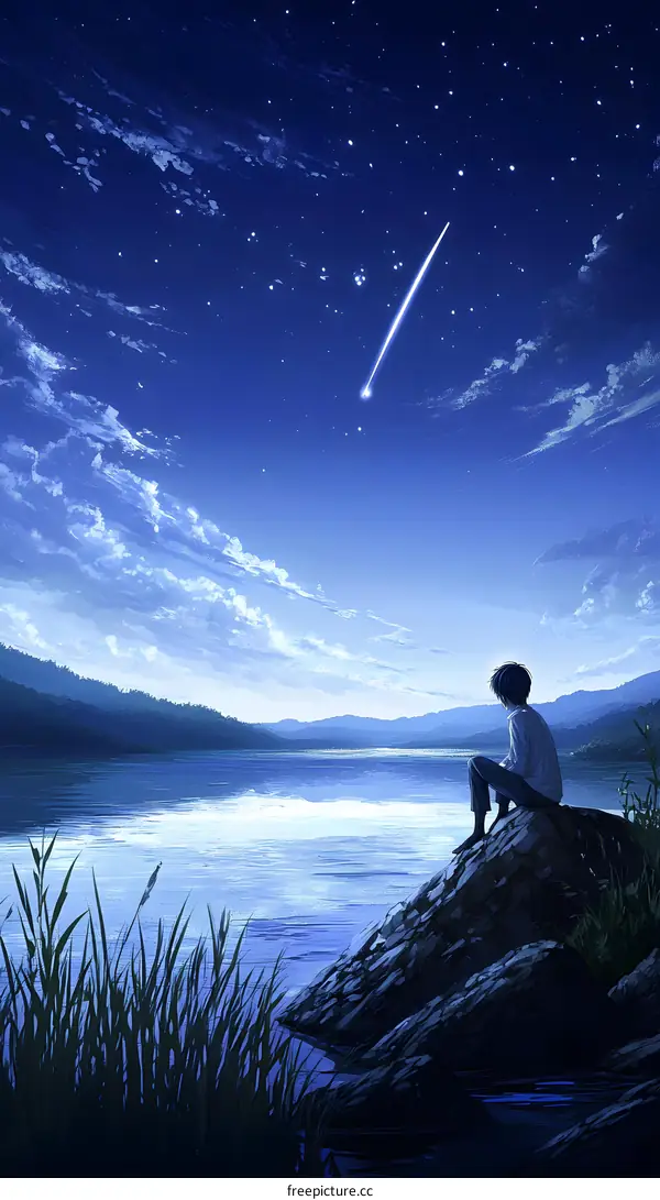 Lonely Figure Sitting by a Lake Under a Starry Sky