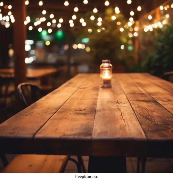 An empty wooden table with a candle lantern in a restaurant with a blurred background of lights