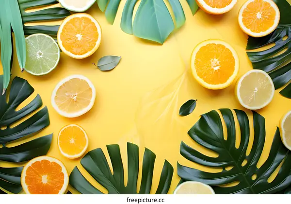 Tropical Fruit and Leaves Background