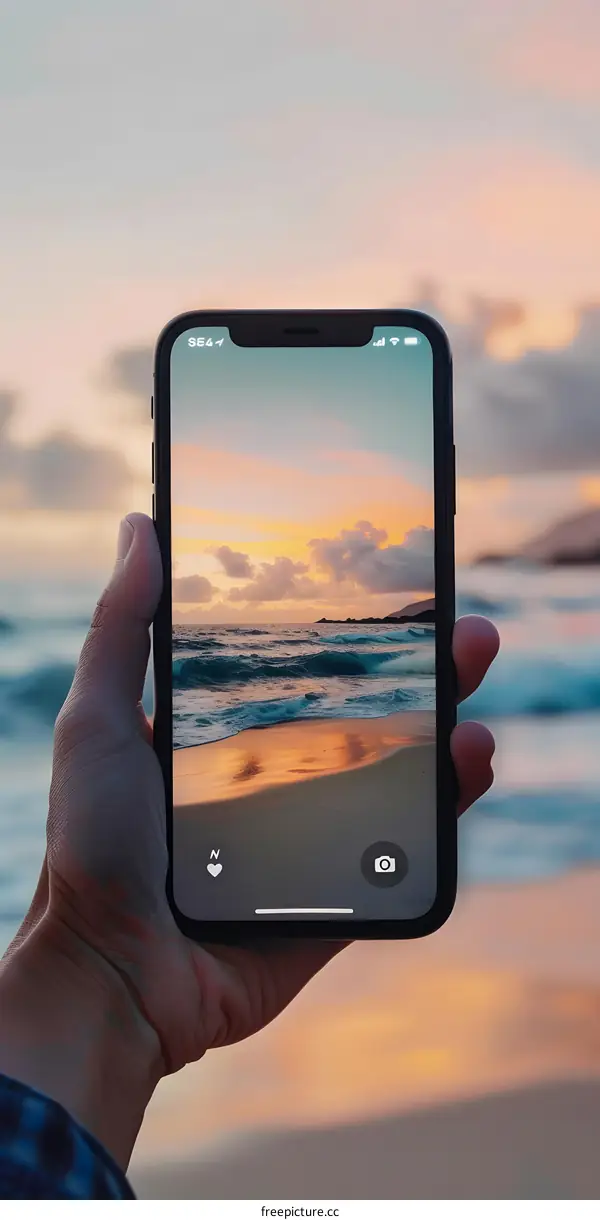 Hand Holding Smartphone With Sunset Beach Image