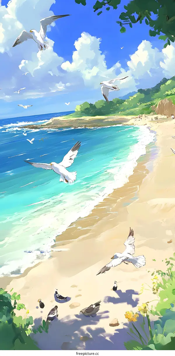 Seagull Flying Over The Beach In Summer