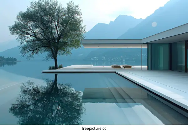 Modern lakeside house with pool