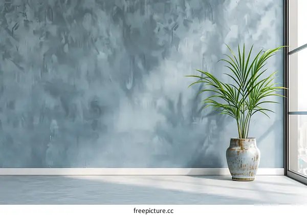 Minimalist Blue Wall with Plant and Window