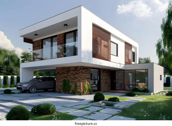 Modern House Exterior Design With Brick Wall And Glass Windows