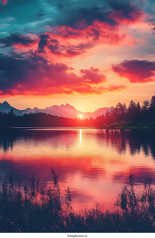 Sunset Over Mountain Lake with Pink Sky and Reflection