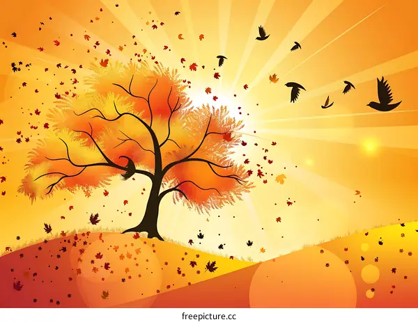 Autumn Tree With Falling Leaves And Birds