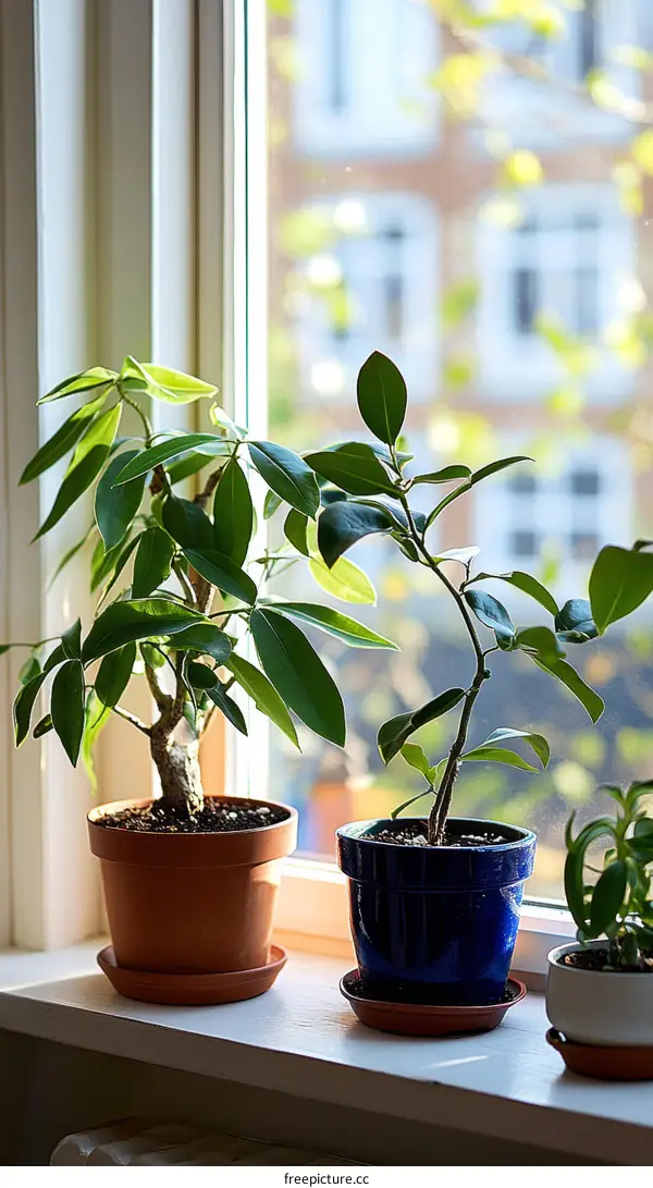 Indoor Plants on Windowsill with City View